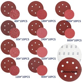Pack of 100 Sandpaper 125 mm Velcro, Sanding Discs 125 mm Velcro Sandpaper Set, Round 8 Holes for Random Orbital Sanders (10 x 40/60/80/120/180/240/320/400/600/800 Grit)