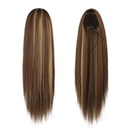 BARSDAR Drawstring Ponytail Extensions - 16 Inch Short Straight Drawstring Ponytail Hair Extensions for Women, Soft Synthetic Clip in Pony Tails Hairpieces - Brown with Highlights