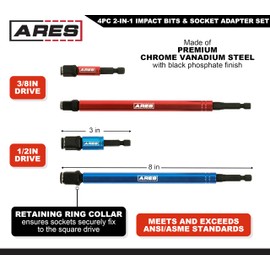 ARES 22028 – 2-in-1 Impact Bit and Socket Adapter Set – 3-Inch and 8-Inch Adapters - Unique Design Holds Standard 1/4-Inch Hex Bits and 3/8-Inch Drive Sockets – Spinning Sleeve Stabilizes Adapter