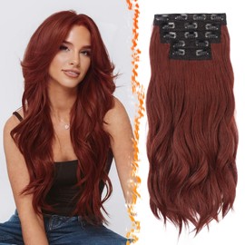 BARSDAR Auburn Clip in Hair Extensions - 20 Inch Soft Wavy Clip in Hair Extensions for Women - 5PCs Layered Hair Extensions Lace Weft Voluminous Synthetic Clip in Hairpieces - Dark Auburn