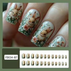 EYZOTSF Press on Nails Square Short Length Acrylic French False Nails with Designs Artificial Square Shaped Fake Nails with Charms Glue ons Fingernails Stick on Nails for Women Girls(FD034)