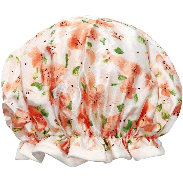 allydrew Reusable Women's Waterproof Shower Caps for Long Hair, Peach Floral