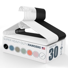Made in USA Super Heavy Duty Plastic Clothes Hangers Bulk, 20 30 50 100 Pack Available, Strong Plastic Hangers, Plastic Coat Hangers, Plastic Hanger for Closet and Clothing Hangars (30pk White/Black)