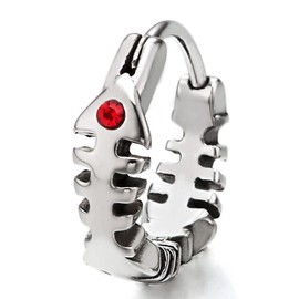 Pair of Bone Hoop Earrings with Red Zirconia for Men and Women, Stainless Steel Huggie Ear Cuff Earrings, Stainless Steel, Cubic Zirconia