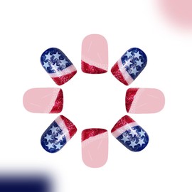 Independence Day Press on Nails Short Square Fake Nails with American Flag Star Designs Glitter Nails Press ons Red French Tip False Nails 4th of July Acrylic Nails Stick on Nails for Women 24Pcs