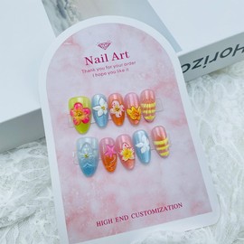 30 Pcs Handmade Press on Nails Short Almond French Tip Fake Nails with Pearl Design 3D Flower Stick on Nails Yellow Blue Glossy Oval Acrylic False Nails Full Cover Summer Glue on Nails for Women Girls