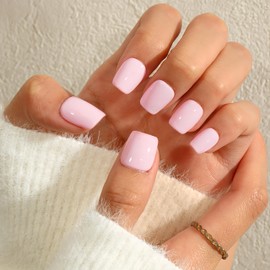 KQueenest Pastel Baby Pink Press on Nails Short Square, Short False Nails with Glue, Glossy Small Solid Light Pink Fake Nails Set, Natural Fit, Reusable Gel Stick on Nail for Women Decoration 24 Pcs