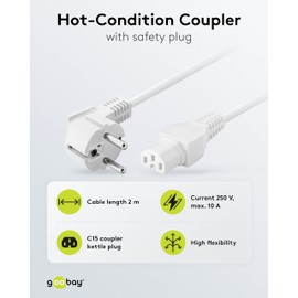 Goobay 30370 Warming Device Cable with C15 Socket Power Cable for Heat Plate / Power Cable 3-Pin / CEE Cable Hot Device Plug White 2 m