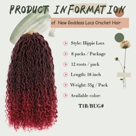 8 Packs Boho Goddess Locs Crochet Hair 18 inch Ombre Burgundy Pre Looped River Locs Crochet Hair with Curly Ends Boho Style Synthetic Hair Extensions(18" 8Packs T1B/BUG#)