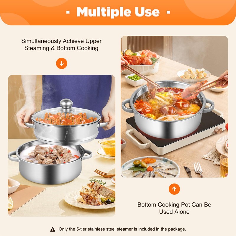 Steamer for Cooking 5 Tier Stainless Steel Food Steamer Multifunctional