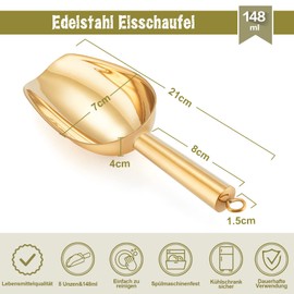 TEAMFAR Ice Scoop, Stainless Steel Small Flour Scoop, Food Scoop, Weighing Scoop, Filling Shovel, Tea Shovel, Bag Shovel for Bar, Kitchen, Buffet, Party, Healthy and Dishwasher Safe, Gold