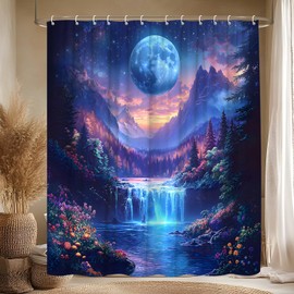 Moon Space Waterfall Shower Curtain Blue Starry Night Sky Mountain Lake Tree Floral Forest Wonderland Fantasy Nature Landscape Bathroom Decor Polyester Curtains with Hooks,70Wx70L