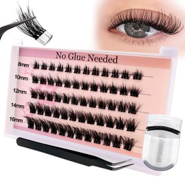 Self Adhesive Lash Clusters Kit Flu-ffy 8-16mm No Glue Lashes Press On Lashes, 60 Pcs Glueless DIY Eyelash Extensions Kit Pre Bonded Lash Clusters with Eyelash Curler and Lash Tweezers(No Glue 22-1)