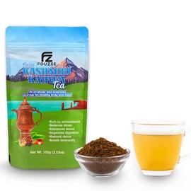 FOUZEE Pure Kashmiri Kahwa Loose Leaf Tea — Herbal Green Tea Leaves w/Almonds, Saffron, Cinnamon, Cardamon, Cashews, Pistachios, Cloves & Dried Rose Petals for Immunity & Smooth Skin — 3.53oz, 100g
