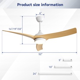 Udorich 52 Inch Modern Ceiling Fan with 18W LED Light and Remote Control, Reversible Motor for Indoor and Outdoor Use, Burlywood Blades, White Body