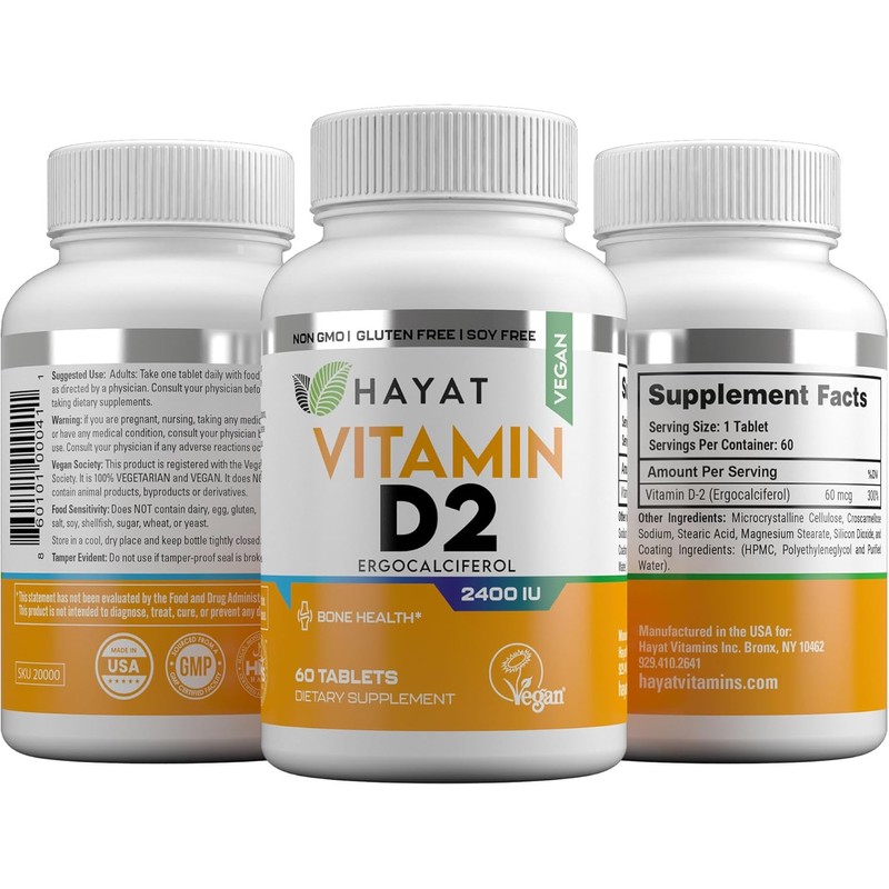 HAYAT Vitamins Vegan Natural Vitamin D 2400 IU, D2, Certified