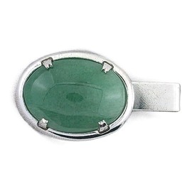 1 1/2 INCH 25x18 OVAL GREEN AVENTURINE GEMSTONE CAB SILVER COLOR TIE CLIP BAR