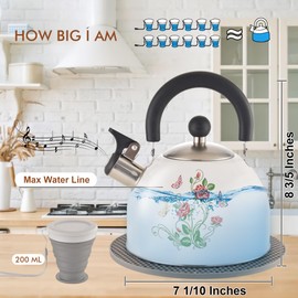 ARC Stainless Steel Whistling Tea Kettle, Magic Color Changing Design 2-Quart Stovetop Kettle Whistle Kettle with Folding Cup & Trivet Mat