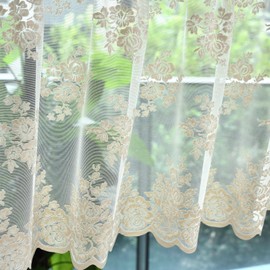 Kotile Beige Lace Valance Curtain for Kitchen Window, Rusitc Floral Vintage Cream Sheer Valance Over Sink 18 Inch Length, Rod Pocket Privacy Short Valance for Windows, 52 x 18 Inch, 1 Panel, Beige