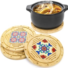 WUWEOT 3 Pack Wooden Round Trivets for Hot Dishes, 8.6 Inch Heat Resistant Pots and Pans Tea Pot Holders, Non-Slip Coasters Pads for Hot Dishes, Bowls, Plates, Pots and Pans, Tabletop Protection