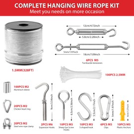 1/16 Stainless Steel Cable, 328ft Aircraft Wire Rope Set, with M5 Turnbuckles, Hooks, Clamps, Aluminum Sleeves, Thimbles, 7x7 Steel Clothes Line Wires 368lbs Breaking Strength (Silver, 1/16" 328FT)