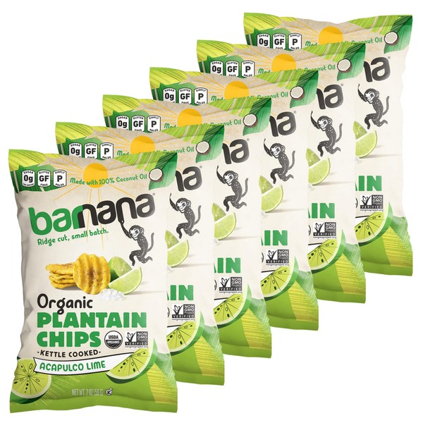 Barnana - Organic Plantain Chips, Acapulco Lime, Healthy Snack Made With 100% Coconut Oil, Non-GMO, Potato Chip Alternative, Zero Sugar, Paleo, Grain-Free Chips, Vegan, USDA Organic (2 oz, 6-Pack)