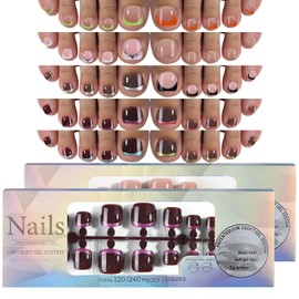 Joyeee Toenail Tips, Pack of 240 Fake Nails Cheeky Press On Nails, 10 Colours, 12 Size Nails for Sticking, Short, Soft Gel Press On Nails, Full Cover Artificial Nails, Nail Tips for Girls and Women