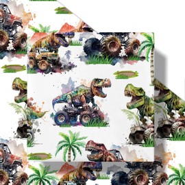 RUSPEPA Dinosaur Wrapping Paper Roll for Kids Boys, Mini Roll, Watercolor T-Rex and Monster Truck Gift Wrap Paper for Birthday, Dino Party, Adventure Celebration, 17 Inches X 16.4 Feet