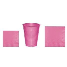 Baxters Party Bundles Bulk, Candy Pink, 40 Count 16 Ounce Plastic Cups, 50 Count Beverage Cocktail Paper Napkins, 50 Count Luncheon Paper Napkins, Pack Contains 140 Pieces Made in the USA