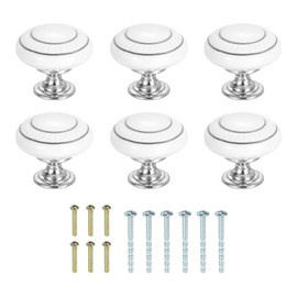 sourcing map 6Pcs Ceramic Knobs, 35mm/1.38" Round Drawer Pull Handle Vintage Drawer Knobs with Screws for Vanity Bedroom Furniture Closet, Silver Circle/White