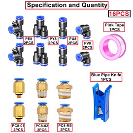 HAXIHA 10M Pneumatic Hose Blue 8 mm OD 5 mm ID Polyurethane PU Air Hose Pipe Compressed Air Hose is Suitable for Pneumatic Devices, with 14 Pieces Pneumati Connector (Y/T/L/I Shaped)