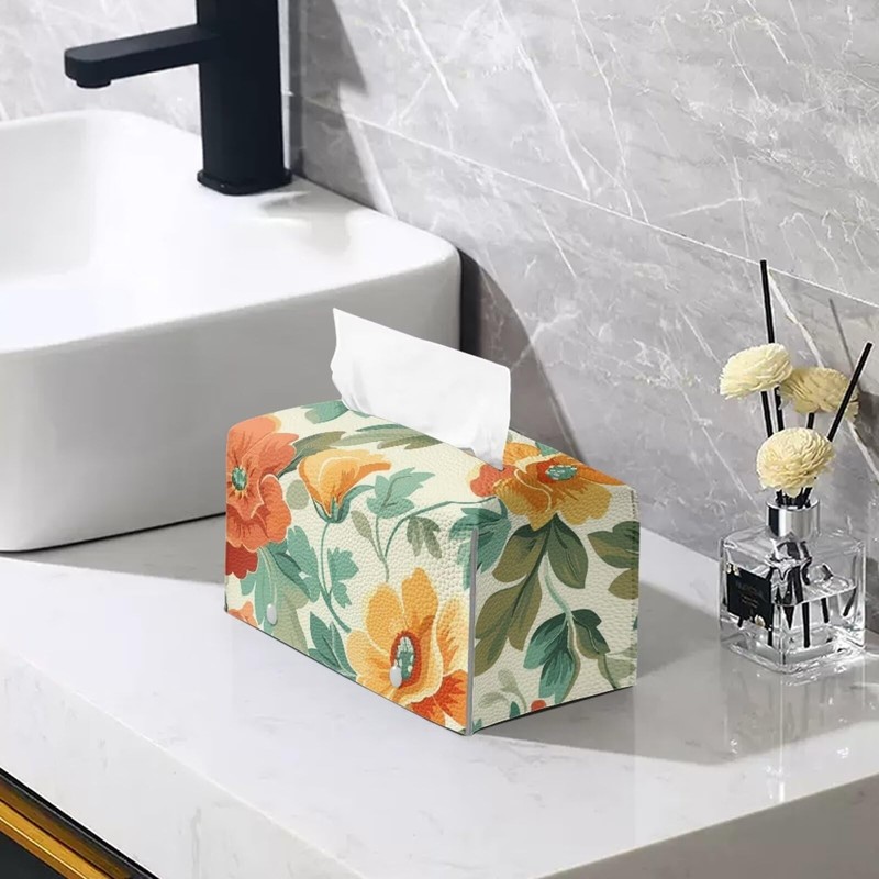 CREAMIC Floral Pattern Rectangle Tissue Box Cover Modern PU Leather