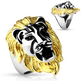 Tapsi´s Coolbodyart® Siegel Guss Ring Edelstahl 12mm Breit Goldmähne Löwen Kopf Silber Gold 69(22)