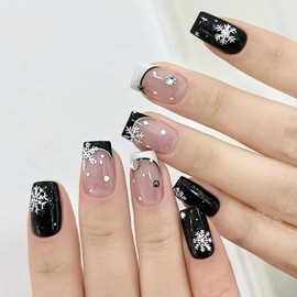 Christmas Press on Nails Short Square Christmas Fake Nails Black White French Tips Full Cover Glue on Nails with Rhinestones Designs False Nails Winter Snowflake Acrylic Nails for Women Girls 24Pcs
