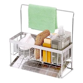 Sink Organiser, Stainless Steel Sponge Holder, Kitchen Organiser (with Drip Tray, Towel Holder, No Drilling, Sink Worktop, Space-saving)