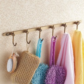 WINCASE Antique Brass Hook Rack, 6 Hooks Coat Rack, Bath Wall Hook Rack Vintage Mounted Brushed Brass Bathroom Row Hooks Rustic Towels Coats Hooks