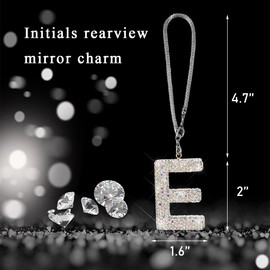 DXNQ Bling Initial Car Rear View Mirror Ornament, Crystal Sparkling Cute Letter Charm Pendant Auto Decor, Hanging Lucky Diamond Initial Charm Car Mirror Bag Ornament for Girl Women (Letter E)
