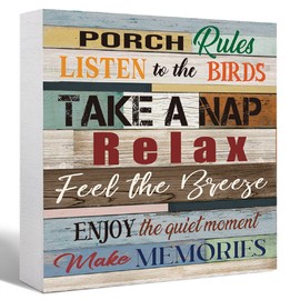 SJNH Wooden Block Sign, Porch Rules, Decorative Signage for Home Patio Garden Desk Cubicle Table Shelf Décor, Rustic Style, 5x5 inches