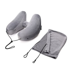 Panlouting Neck Pillow H Shape for Travel, Inflatable Airplane Pillow, Head and Neck Support, Travel Pillow with Soft Velour Cover, Hat and Portable Drawstring Bag (Grey)