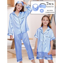 SEALINF Girl Silky Satin Pajamas Set 7 Piece kids Button Down Sleepwear with Eye Mask, Hairband, Hair Tie（Dusty Blue,160 ）