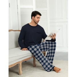Ekouaer Mens Long Sleeve Pyjamas Checked Pjs Set Crew Neck Loungewear Casual Sleepwear Winter Nightwear Blue Checked M