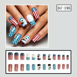 4th of July Press on Nails Medium Square Fake Nails American Flag Glue on Nails with Bald Eagle Red Stripes Design Stick on Nails Independence Day False Nails for Women Manicure 24Pcs