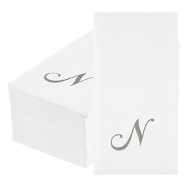 Luxenap 15.8 X 7.9 Inch Linen-Feel Guest Towels, 50 Lettered Hand Towels - Silver Letter 'N', Cursive Font, White Paper Dinner Napkins, airlaid, For Restrooms And Tables - Restaurantware