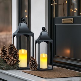 Eufrozy Lanterns Decorative Outdoor Indoor Set of 2 Black Metal Candle Lanterns with Flameless Candle, Modern Farmhouse Lantern Decor for Porch Patio Fireplace Mantle Kitchen Table
