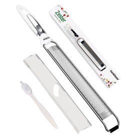 Ourokhome Kitchen Lemon Zester, Stainless Steel Hand Held Parmesan Cheese Grater for Ginger, Chocolate, Coconut, Lime, Nutmeg, Citrus, Fruit, Vegetable with Cleaning Brush, Dishwasher safe, White