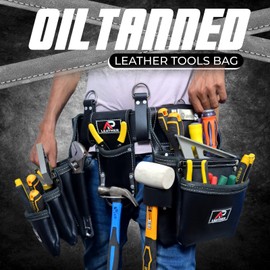 Ap-Leather Pro-302 Premium Oil Tanned Leather Tool Belt, Carpenter Tool bag | Tool Belt 29 Pockets Tool Pouch with 4 Loops, Carpenter, for 30" to 52" (Maroon, Full Siza) (Black, Full Size)