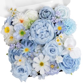 TINGE TIME Blue Artificial Flowers Combo Box Set, Silk Daisy Fake Roses Peony with Stems for DIY Bridal Wedding Bouquets Baby Shower Floral Arrangements Centerpiece Table Party Home Decorations