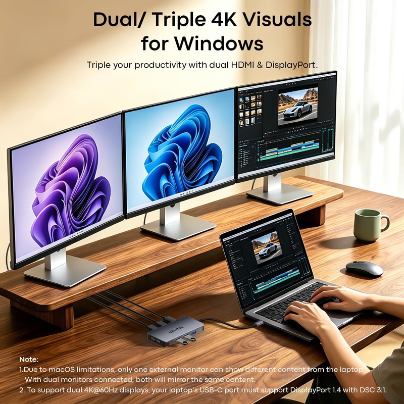 UANTIN Laptop Docking Station 3 Monitors, 8-in-1 USB C Dock