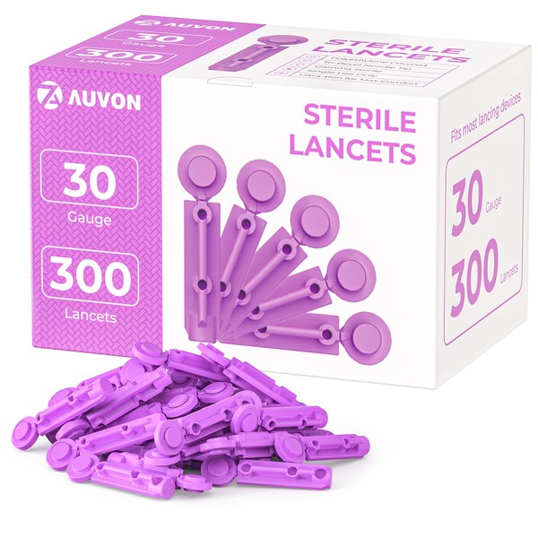 AUVON Blood Lancets, 30 Gauge 300 Twist Top Lancets with Less Pain Design Fit Most Standard Lancing Devices for Blood Sugar Kit and Glucose Meter - Purple