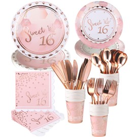 Rose Gold Sweet 16 Birthday Decorations for Girls - Serves 16 - Includes Sweet 16th Plates and Napkins Party Supplies Cups Cutlery for Sweet Sixteen Party